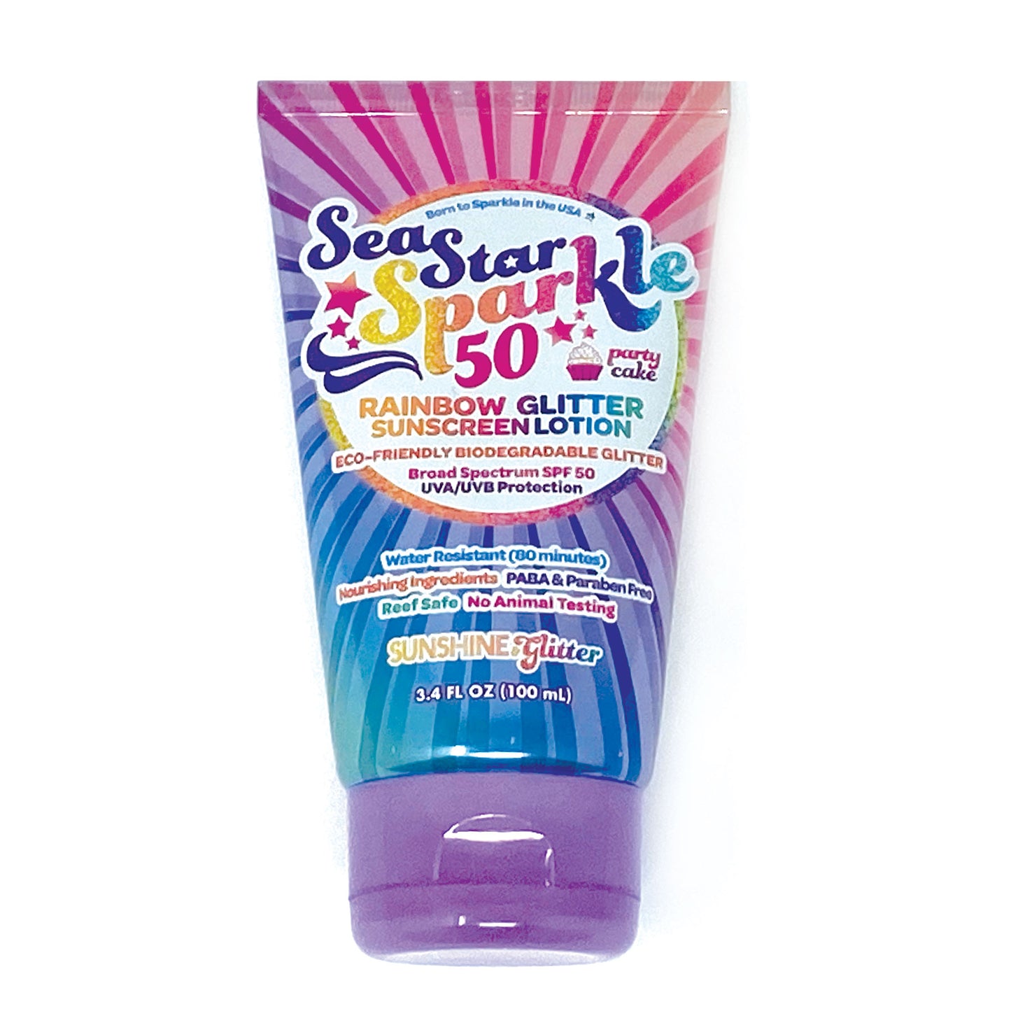 Sunshine & Glitter SeaStar Sparkle SPF50 Party Cake with Rainbow Reef Safe Bio-Degradable Glitter